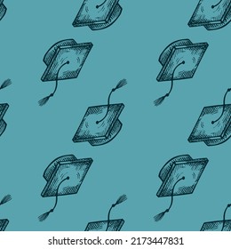 Graduate hats engraved seamless pattern. Vintage element education in hand drawn style. Sketch texture for fabric, wallpaper, textile, print, title, wrapping paper. Vector illustration.