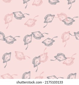 Graduate hats engraved seamless pattern. Vintage element education in hand drawn style. Sketch texture for fabric, wallpaper, textile, print, title, wrapping paper. Vector illustration.