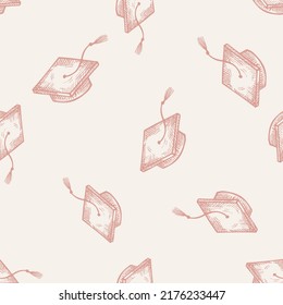 Graduate hats engraved seamless pattern. Vintage element education in hand drawn style. Sketch texture for fabric, wallpaper, textile, print, title, wrapping paper. Vector illustration.
