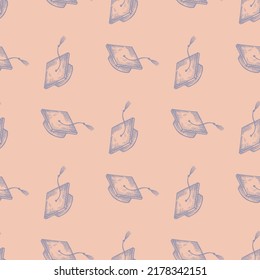 Graduate hats engraved seamless pattern. Vintage element education in hand drawn style. Sketch texture for fabric, wallpaper, textile, print, title, wrapping paper. Vector illustration.