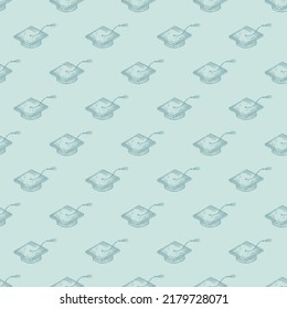 Graduate hats engraved seamless pattern. Vintage element education in hand drawn style. Sketch texture for fabric, wallpaper, textile, print, title, wrapping paper. Vector illustration.