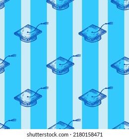 Graduate hats engraved seamless pattern. Vintage element education in hand drawn style. Sketch texture for fabric, wallpaper, textile, print, title, wrapping paper. Vector illustration.