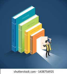 Graduate have diploma roll standing in front of the door of book. Vector isometric illustration.