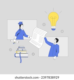 Graduate helps student prepare for exam. Learning community. Vector color outline illustration.