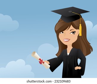 Graduate holding out her diploma.