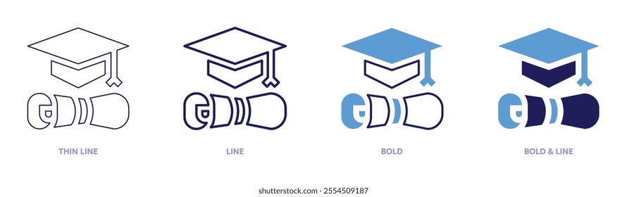 Graduate icon in 4 different styles. Thin Line, Line, Bold, and Bold Line. Duotone style. Editable stroke.