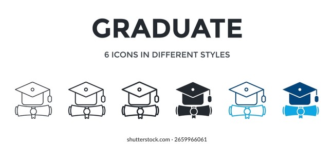 Graduate Icon In Different Style Vector Illustration. Designed In Thin Line, Regular Line, Bold Line, Glyph, Color Line, And Color Glyph Style Can Be Used For Web