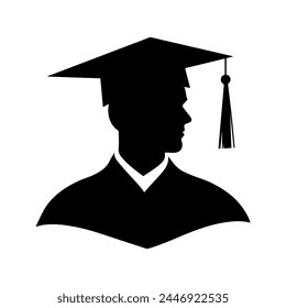 Graduate icon. Education logo. Black education logo featuring student in mortarboard icon, symbolizing academic achievement and knowledge. Vector illustration. Graduate black silhouette.