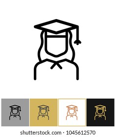 Graduate icon linear, female academy graduation woman symbol isolated on gold, black and white backgrounds vector illustration