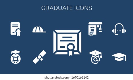 graduate icon set. 9 filled graduate icons. Included Diploma, Cap, Education, Graduation, Lesson icons