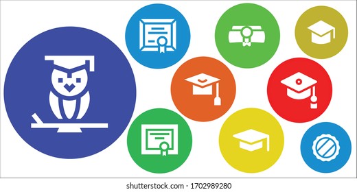 graduate icon set. 9 filled graduate icons.  Simple modern icons such as: Wisdom, Diploma, Graduation, Mortarboard, Cap
