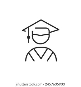 Icono de graduado. Representación simplificada de un estudiante con atuendo de graduación, que simboliza el éxito académico y la finalización de hitos educativos. Ilustración vectorial