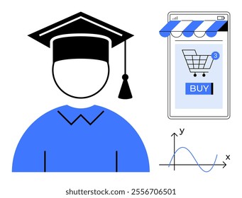 Graduate icon wearing a cap, mobile phone with a shopping cart and buy button, and an X-Y graph. Ideal for themes of online education, e-commerce, data analysis, technology integration, and modern