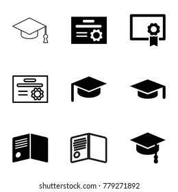 Graduate icons. set of 9 editable filled and outline graduate icons such as graduation hat, diploma, arrows up