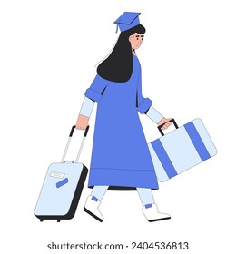Graduate immigration program. Young student with travel bags. Vector outline illustration of isolated character.