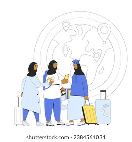 Graduate immigration program. Young students with travel bags. Vector outline illustration of isolated character.