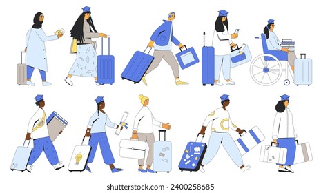 Graduate immigration rout. Colorful vector illustration set of isolated students and young skilled workers with bags and suitcase. Brain drain and obtaining education abroad collection.