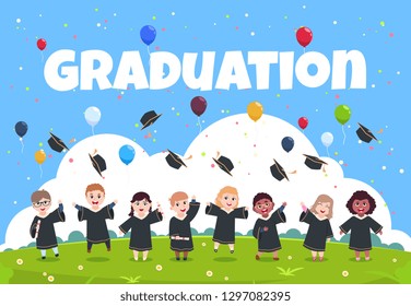 Graduate kids background. Children wearing in academic clothes celebrating graduation day vector illustration