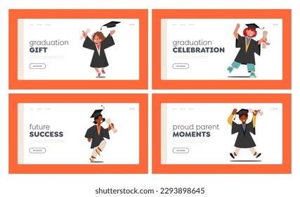 Graduate Kids Landing Page Template Set. Children Characters Celebrate Academic Success, With Big Smiles And Caps In The Air, Excited To Embark On New Journeys. Cartoon People Vector Illustration