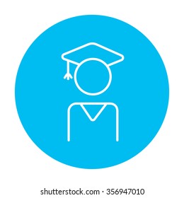 Graduate line icon for web, mobile and infographics. Vector white icon on the light blue circle isolated on white background.