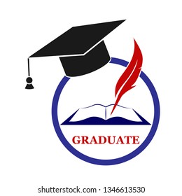 Graduate logo with cap, pen and book, flat design