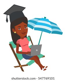 Graduate lying in chaise lounge. Graduate in graduation cap working on a laptop. Graduate studying on beach. Online education concept. Vector flat design illustration isolated on white background.