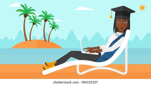Graduate lying on chaise lounge with laptop.
