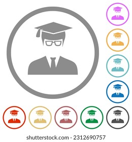 Graduate male avatar flat color icons in round outlines on white background