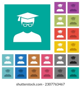 Graduate male avatar multi colored flat icons on plain square backgrounds. Included white and darker icon variations for hover or active effects.