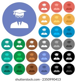 Graduate male avatar multi colored flat icons on round backgrounds. Included white, light and dark icon variations for hover and active status effects, and bonus shades.