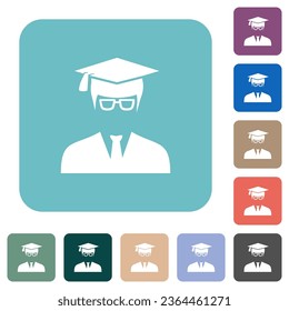 Graduate male avatar white flat icons on color rounded square backgrounds