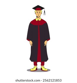 Graduate male blonde student wearing gown and cap.