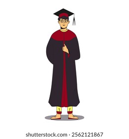 Graduate male student wearing gown, cap and glasses.