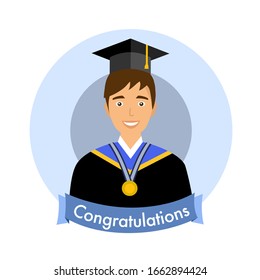 Graduate man above blue ribbon with word congratulations vector illustration on white background. Happy graduation cute character in flat design.