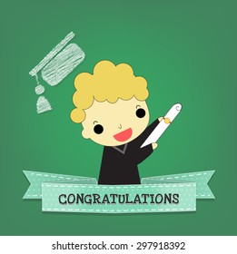 graduate man with blue dot ribbon and text " congratulations"  front of chalkboard.