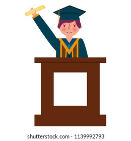 graduate man with diploma in the podium