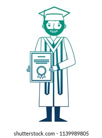 graduate man with graduation robe holds certificate