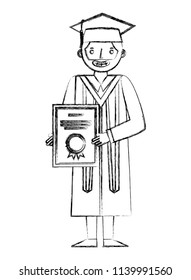 graduate man with graduation robe holds certificate