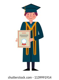 graduate man with graduation robe holds certificate