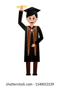 graduate man with graduation robe holds certificate