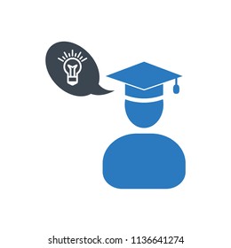Graduate man and her new ideas of education - icon vector blue