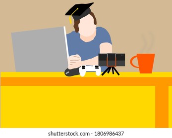 Graduate man on a desk with his devices, cell phone on a tripod, computer, and video game control