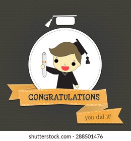 graduate man on white banner above orange ribbon with word " congratulations , you did it! " on grey dot background.