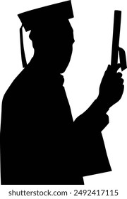 A Graduate man posing with cap and diploma. silhouette vector design. isolated on transparent background.