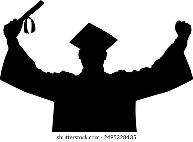 A Graduate man posing with cap and diploma. silhouette vector design. isolated on transparent background.