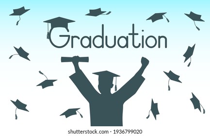 Graduate in mantle and mortarboard on background of throwing square academic cap. Graduation. Vector illustration