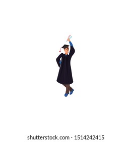 Graduate in a mantle with a raised diploma in hand vector illustration in a flat cartoon style