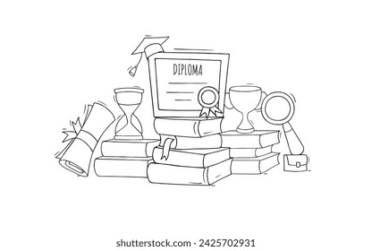 Graduate objects with university or college degree diploma. Success high school education concept. Vector hand drawn illustration with graduation caps, certificate and books stack