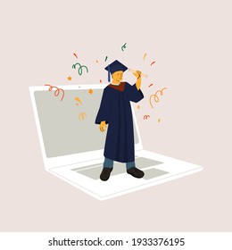 Graduate online 2021. A guy in graduate clothes, virtually or in quarantine, receives a diploma. Online congratulations on the graduation of students. Vector flat isolated illustration.