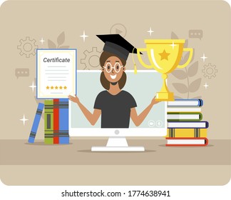 Graduate online. A girl in a suit and a graduation hat holds the winner's cup. On a laptop monitor. Cartoon style vector flat illustration